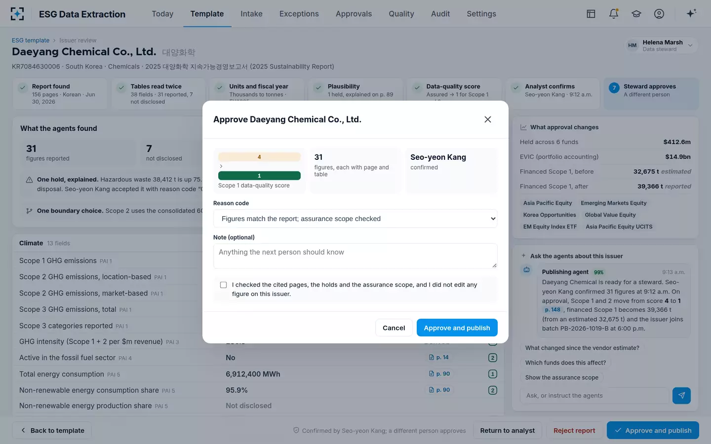 ESG Data Extraction — Approve with a reason and an attestation