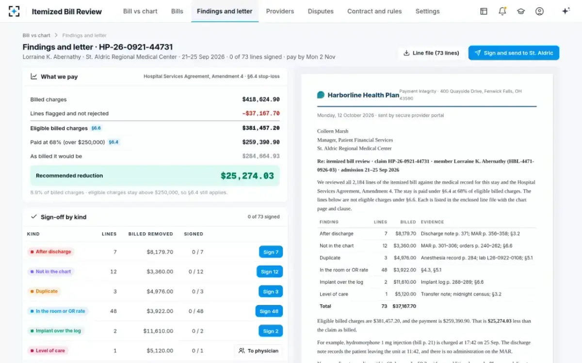 Itemized Bill Review — Findings and letter