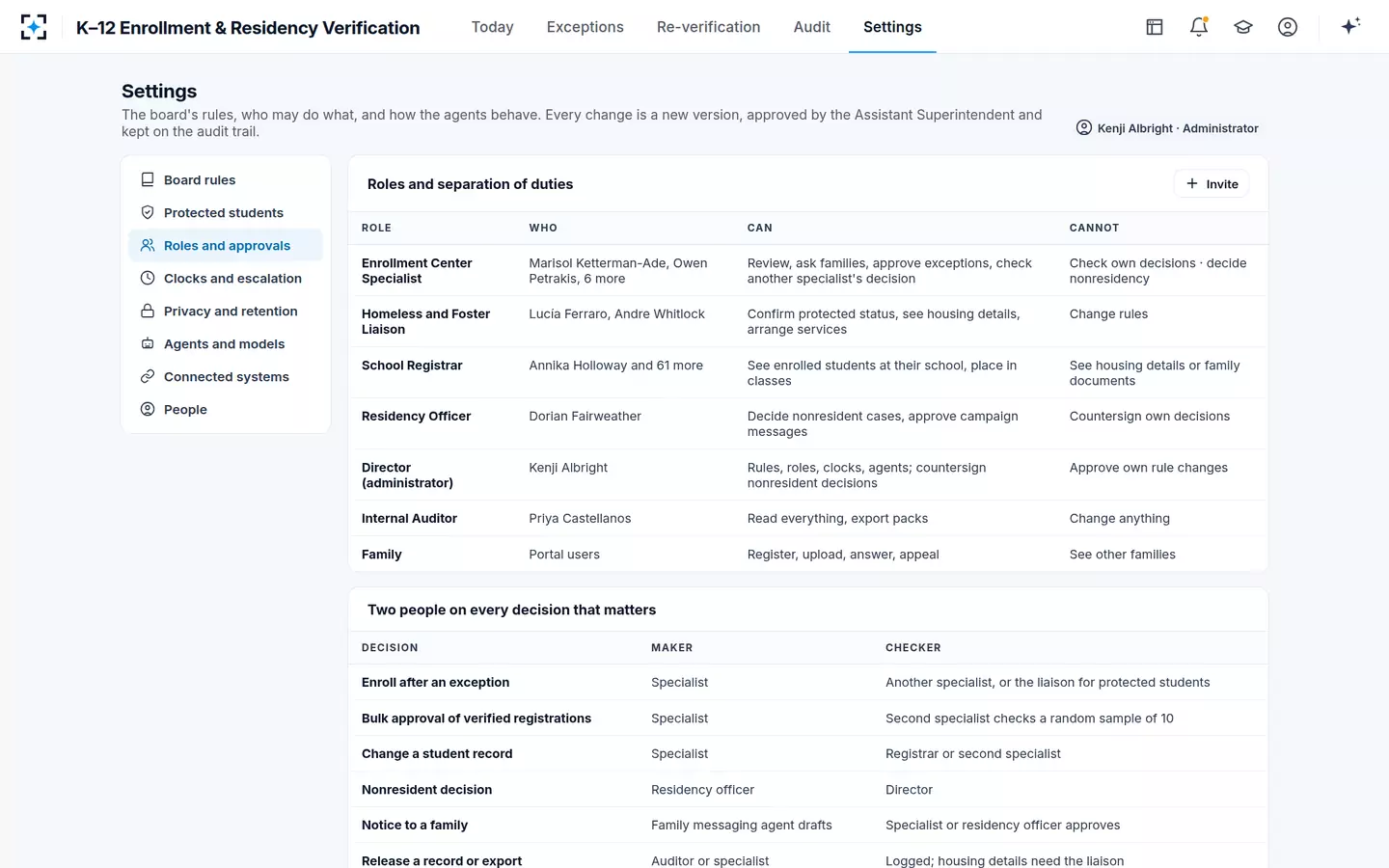K–12 Enrollment & Residency Verification — Roles and approvals
