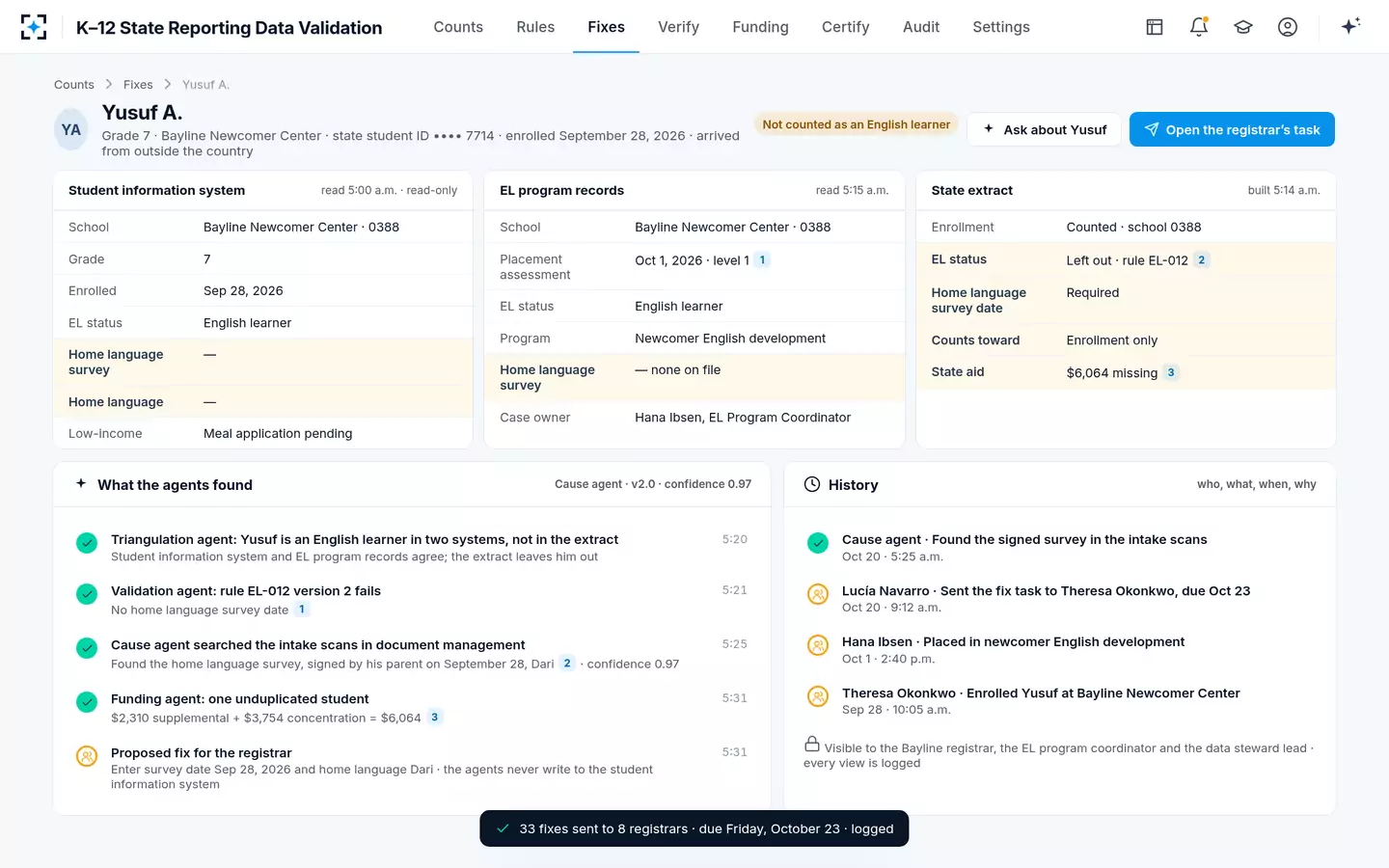 K–12 State Reporting Data Validation — One student across three systems