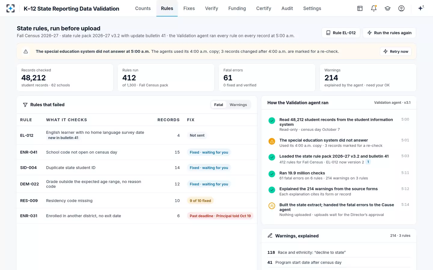 K–12 State Reporting Data Validation — The state's validation rules, run before upload