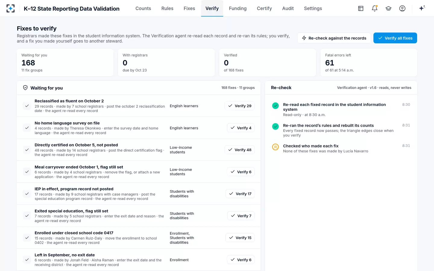 K–12 State Reporting Data Validation — Verify every fix against the record