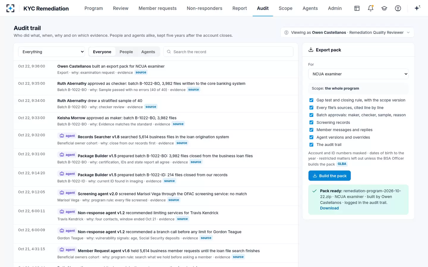 KYC Remediation — Audit trail and examiner pack