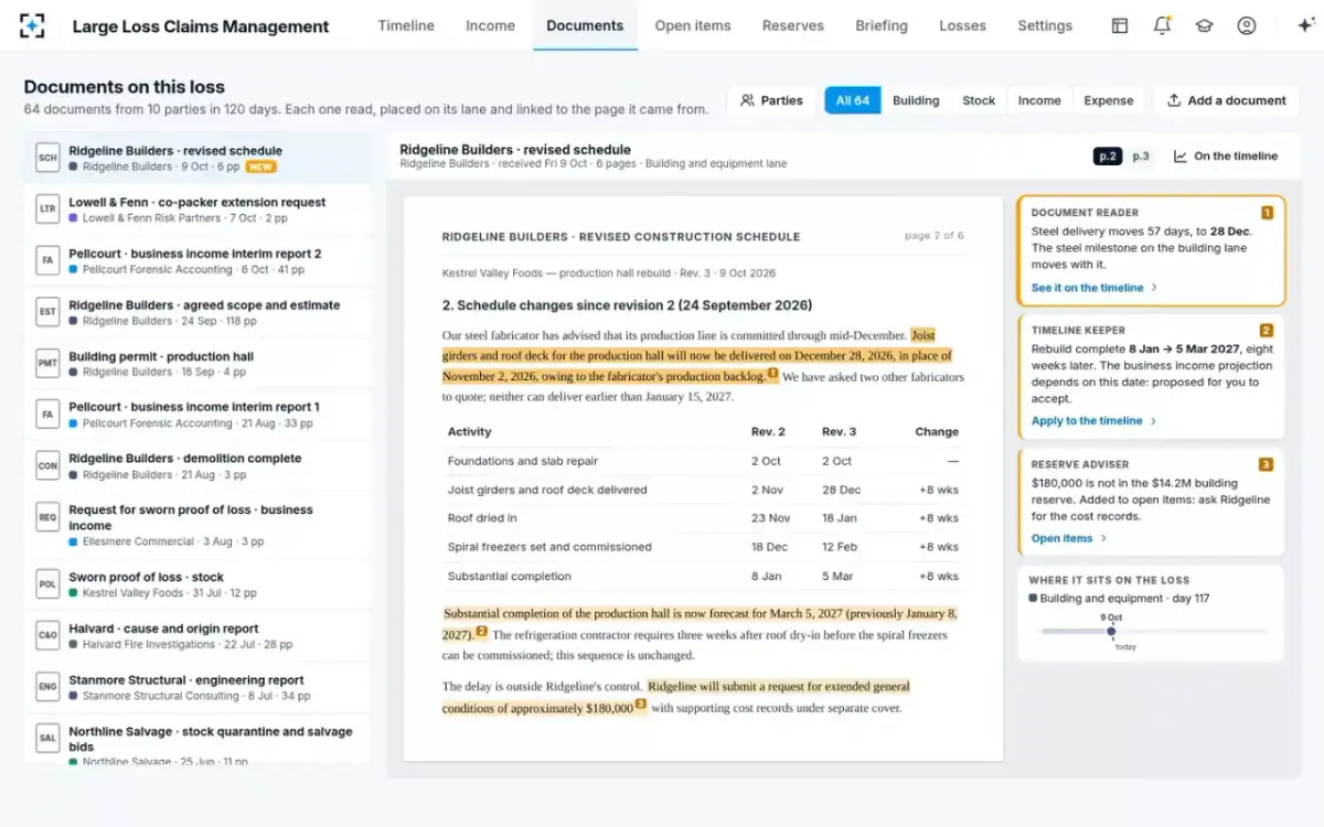 Large Loss Claims Management — Documents on the loss
