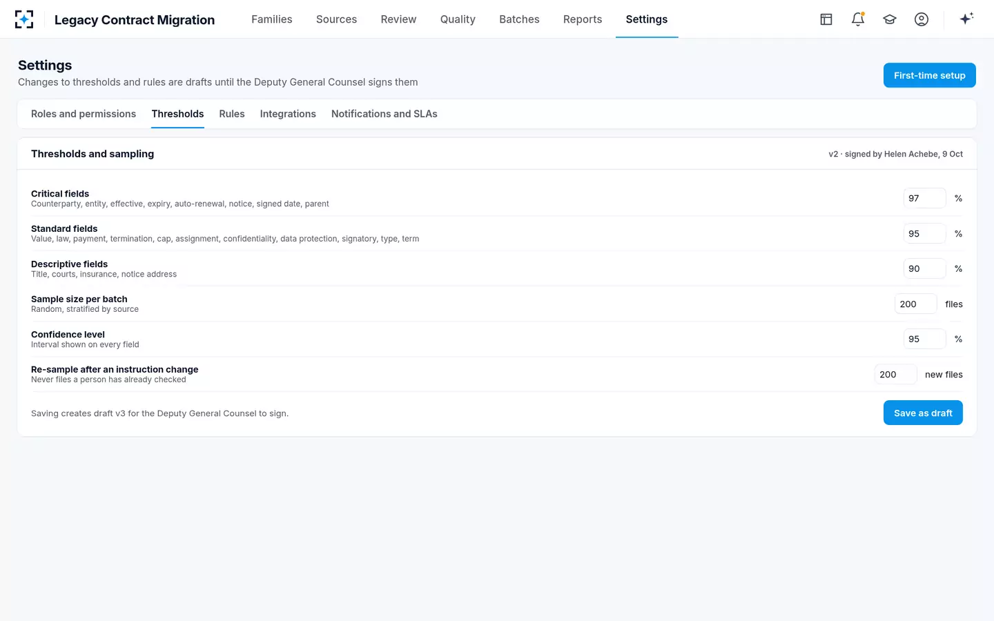 Legacy Contract Migration — Thresholds and sampling
