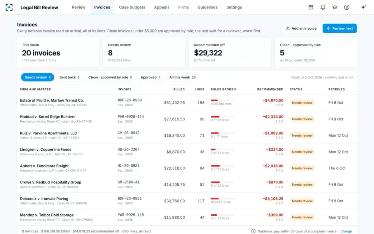 Legal Bill Review — Every invoice this week