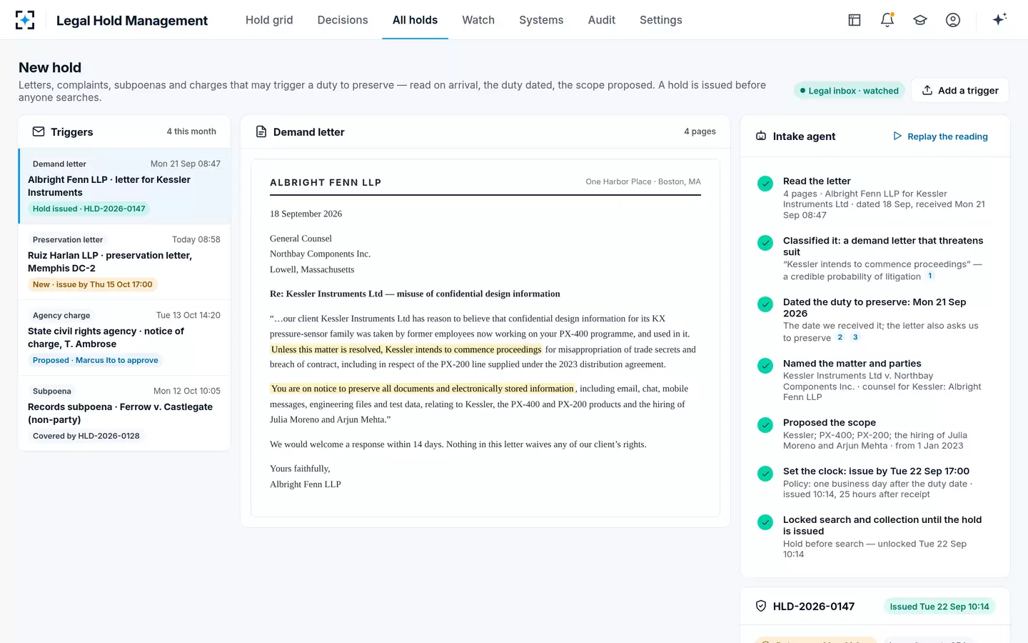 Legal Hold Management — New hold