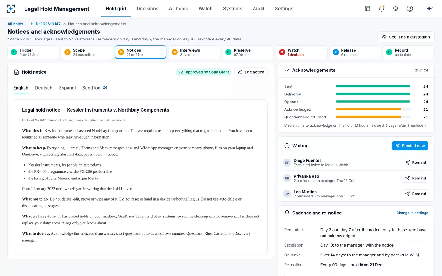 Legal Hold Management — Notices and acknowledgements