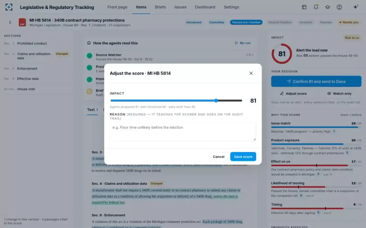 Legislative & Regulatory Tracking — Adjust a score