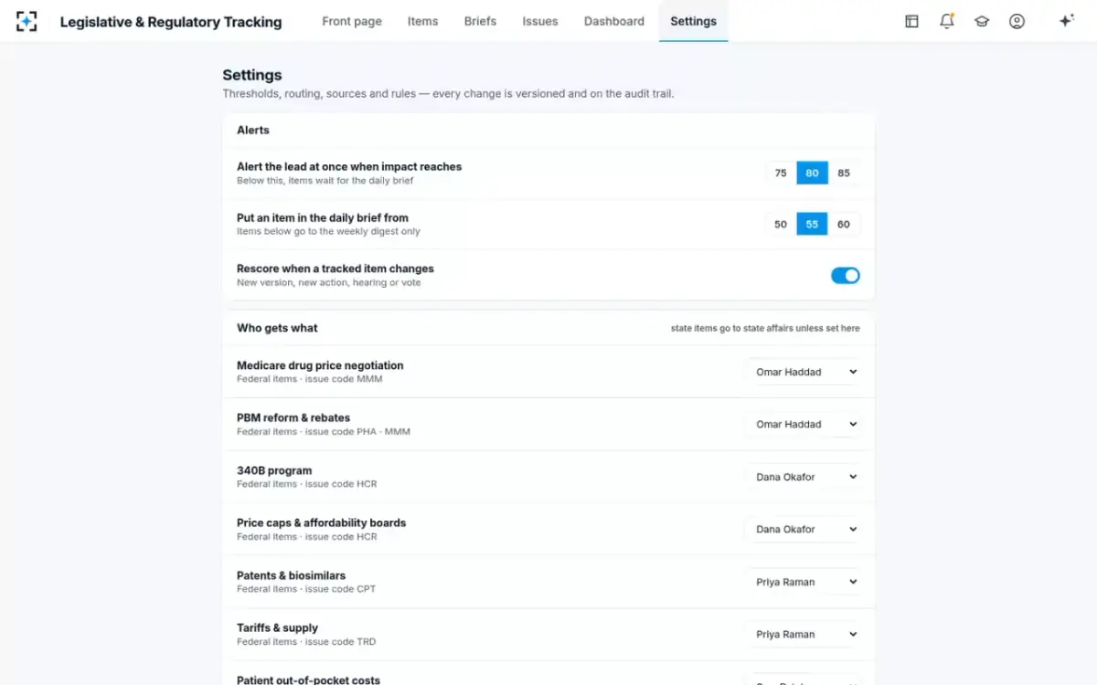 Legislative & Regulatory Tracking — Your settings