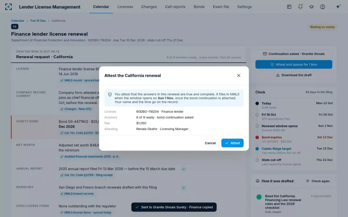 Lender License Management — Attest the renewal