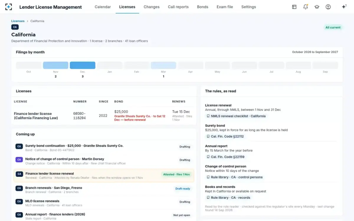 Lender License Management — One state