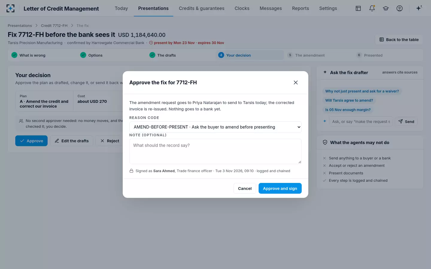 Letter of Credit Management — Approve and sign