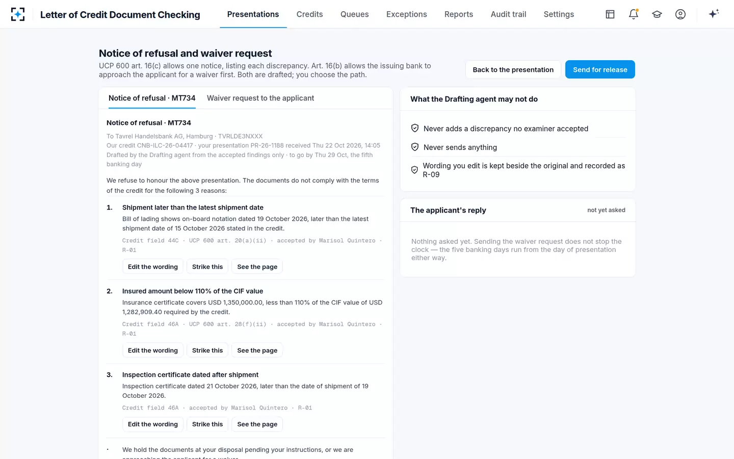 Letter of Credit Document Checking — One notice, every discrepancy