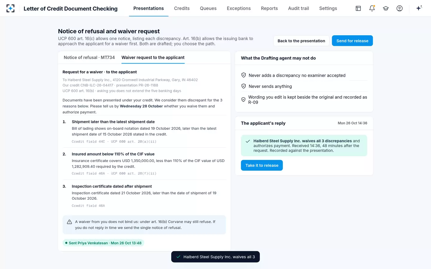 Letter of Credit Document Checking — The waiver request, drafted at the same time