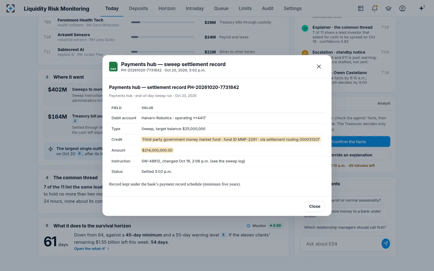 Liquidity Risk Monitoring — Every agent statement opens its payments hub record