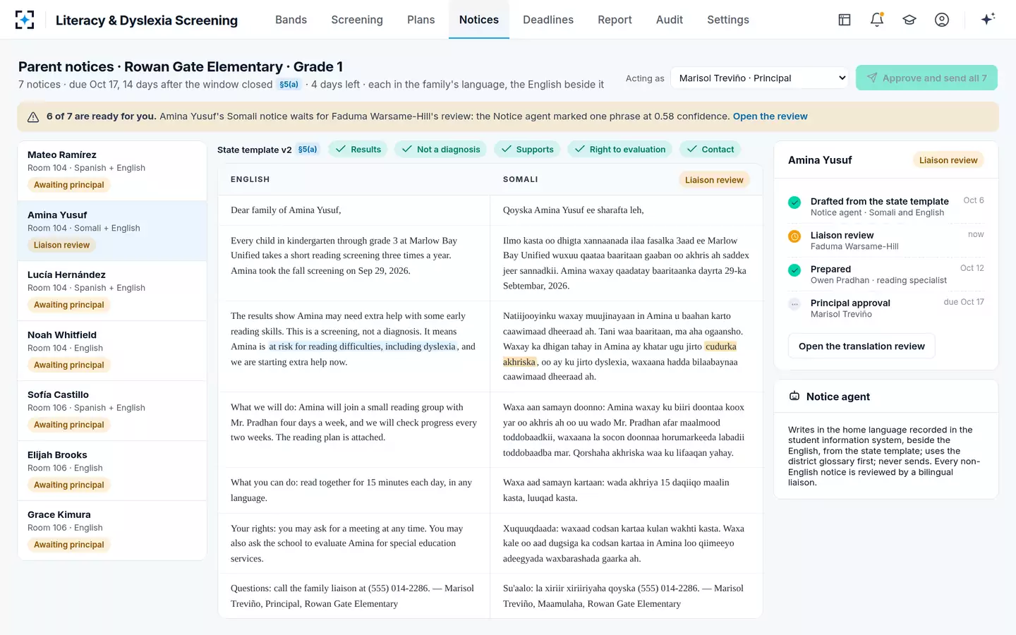 Literacy & Dyslexia Screening — Parent notices in the home language, the English beside it