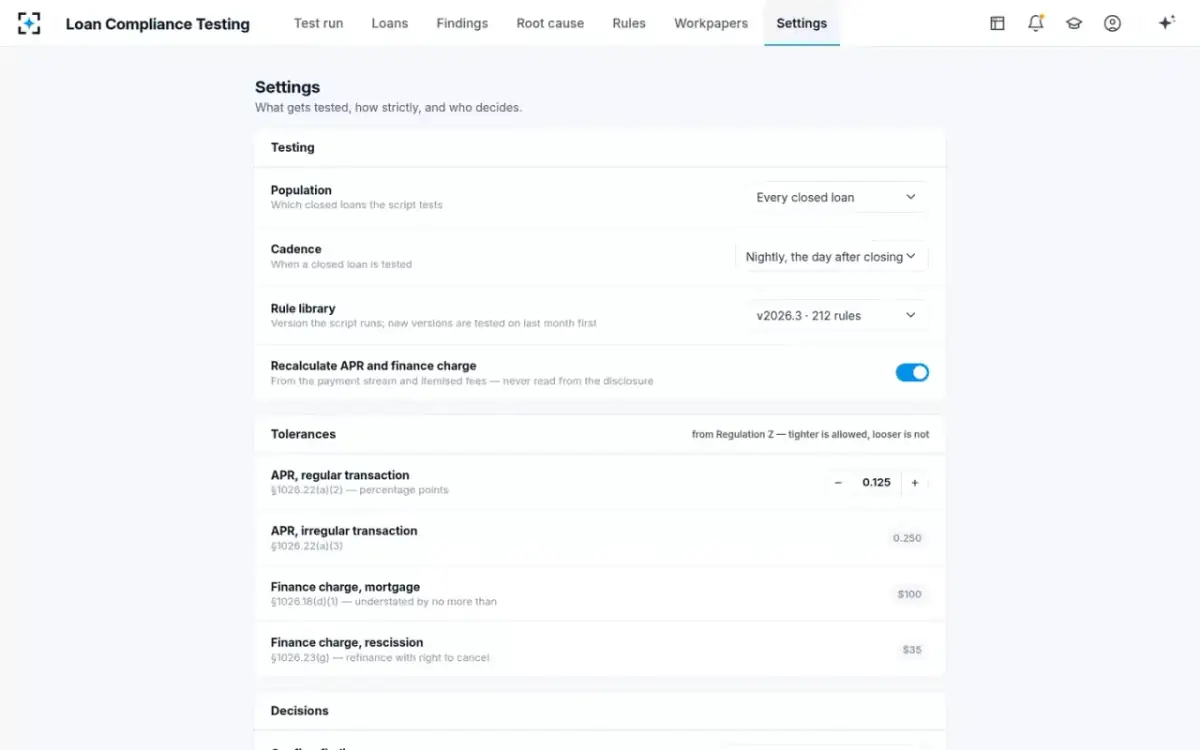 Loan Compliance Testing — Settings