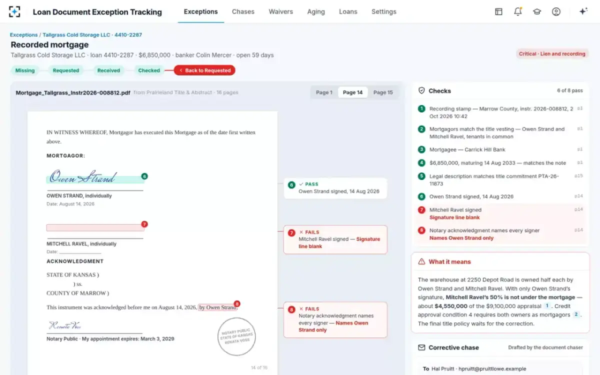 Loan Document Exception Tracking — The returned document, checked