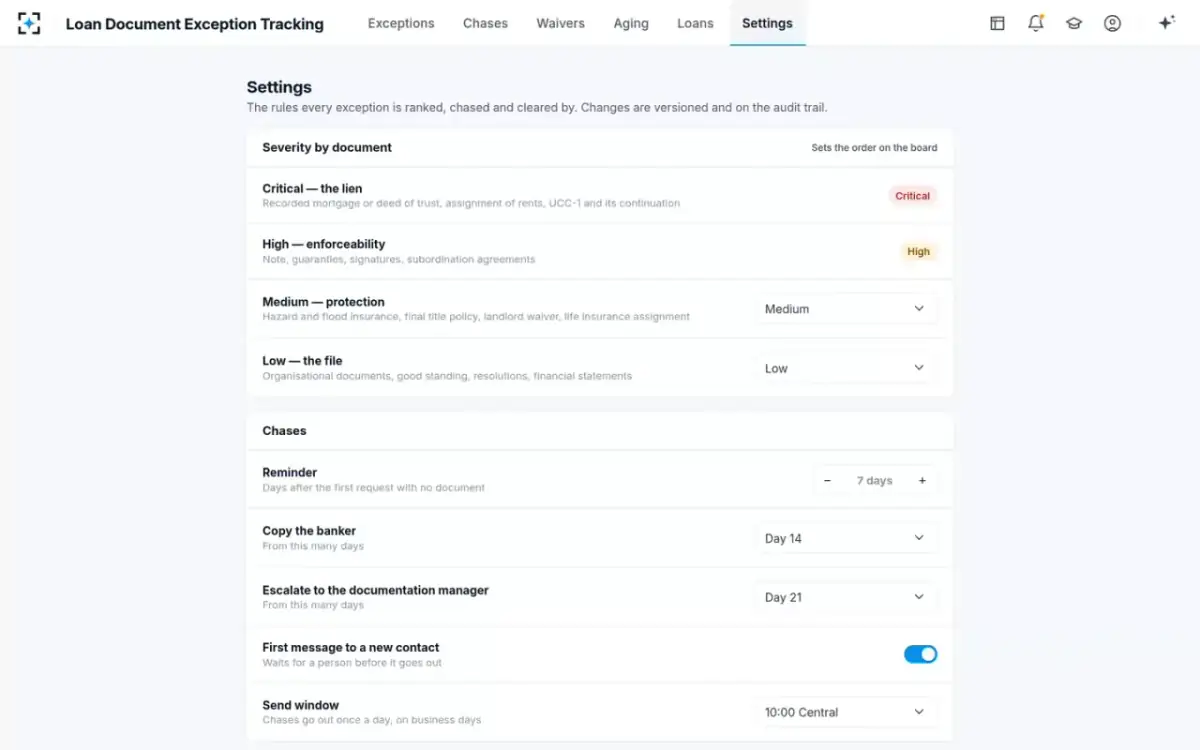 Loan Document Exception Tracking — Your rules