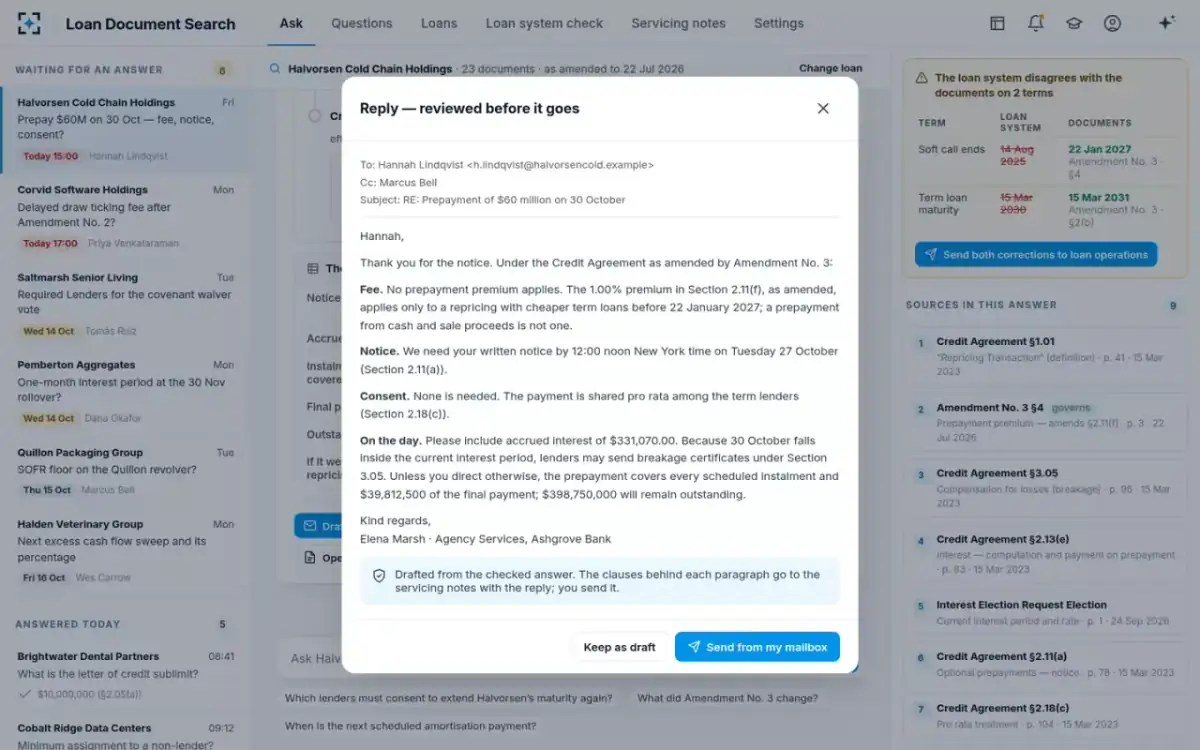 Loan Document Search — The reply, reviewed before it goes