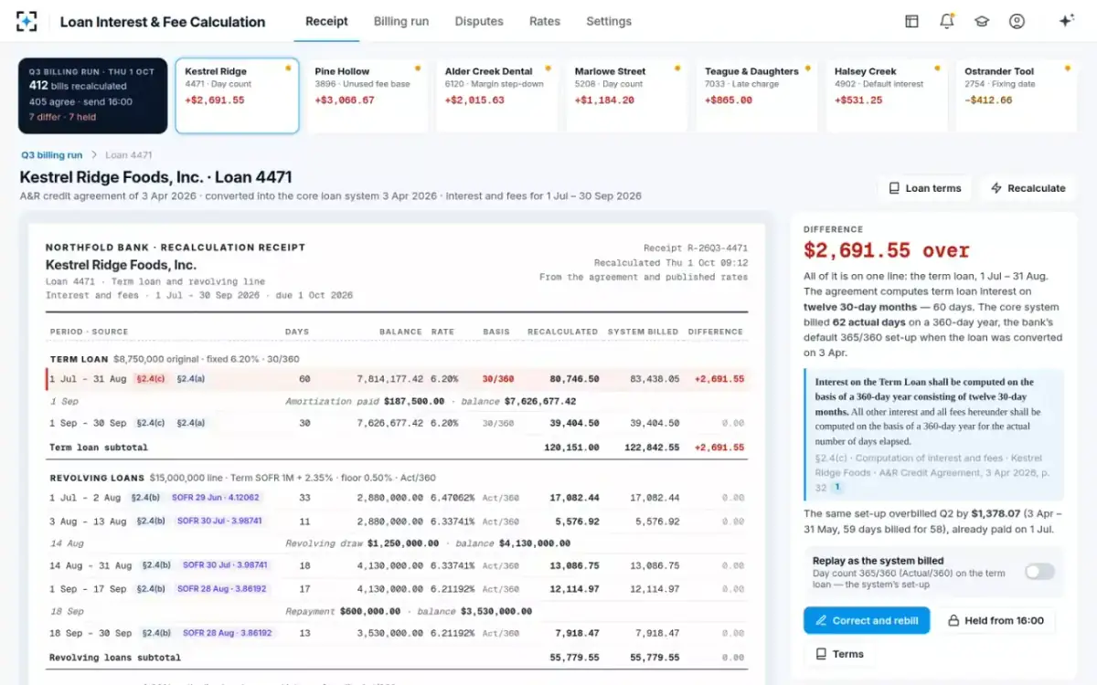 Loan Interest & Fee Calculation — The recalculation receipt