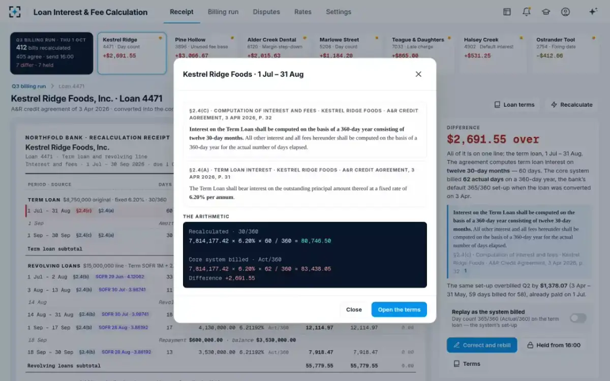 Loan Interest & Fee Calculation — One line, opened