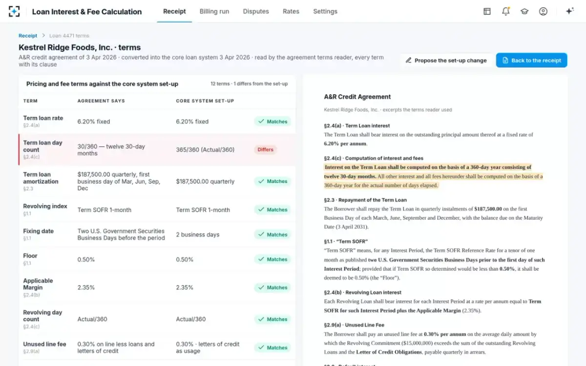 Loan Interest & Fee Calculation — Loan terms against the set-up