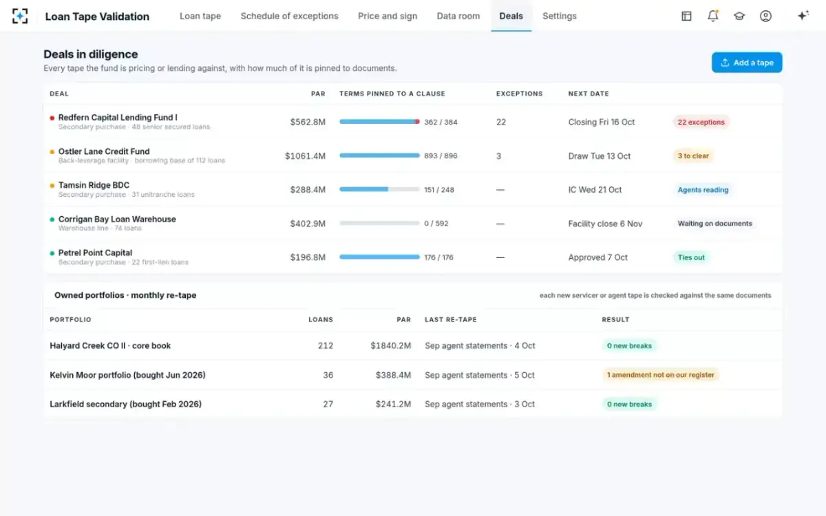 Loan Tape Validation — Deals in diligence
