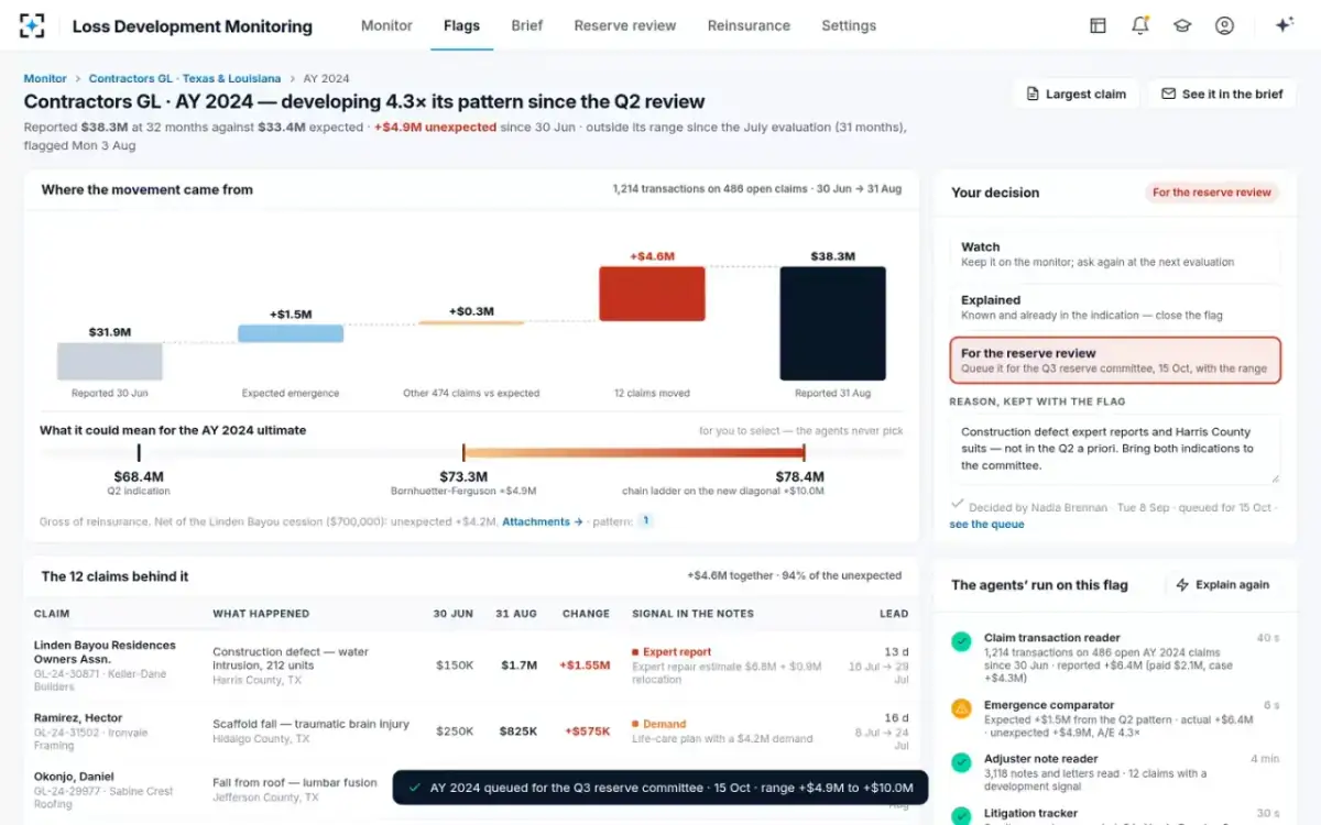 Loss Development Monitoring — The decision, with its reason
