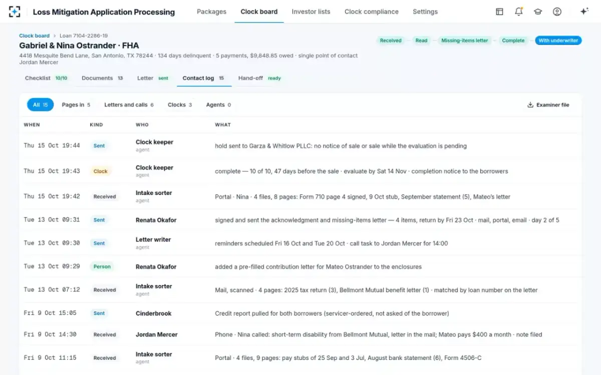 Loss Mitigation Application Processing — Contact and receipt log