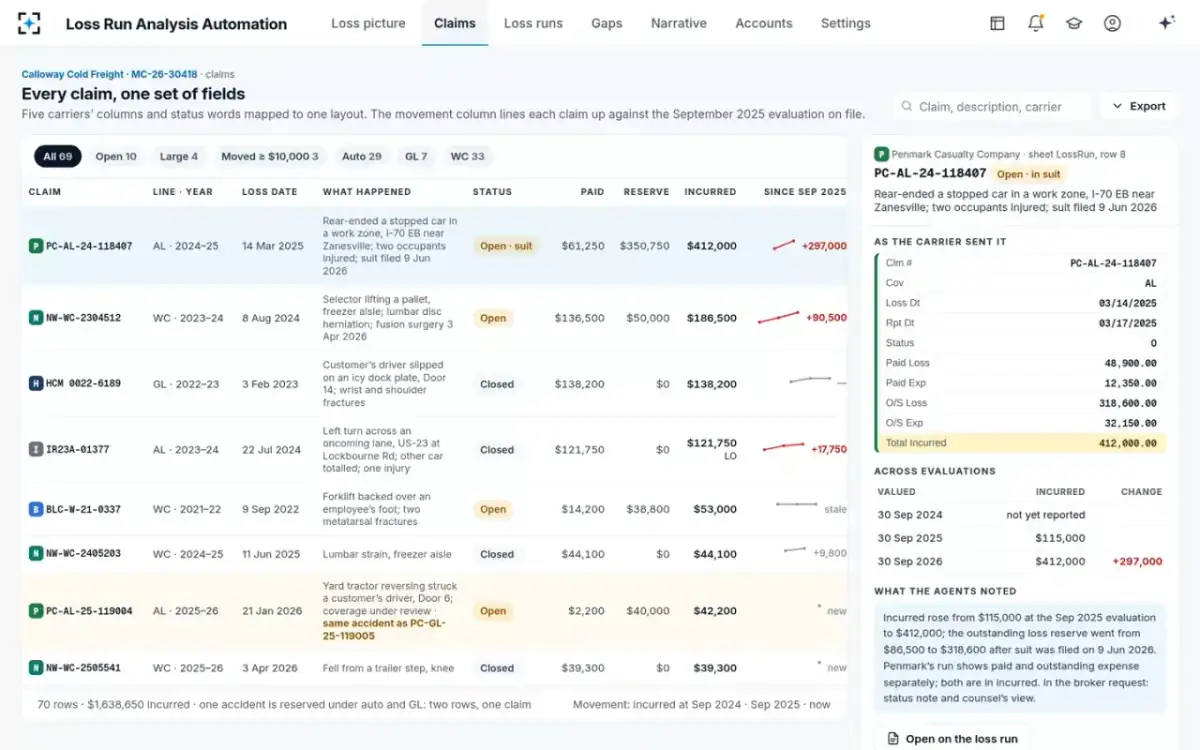 Loss Run Analysis Automation — Every claim, one set of fields