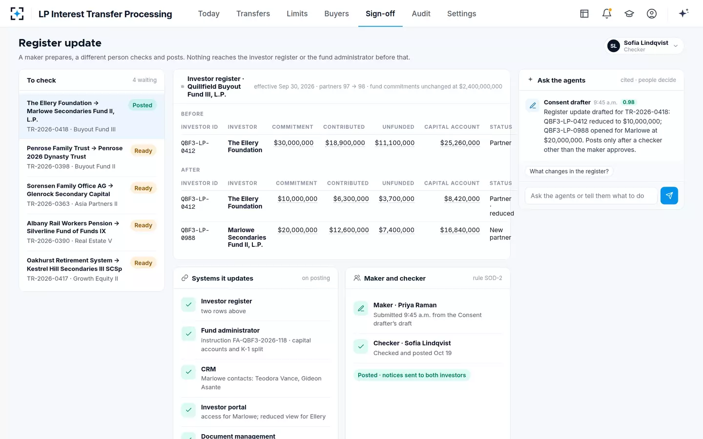 LP Interest Transfer Processing — Register update