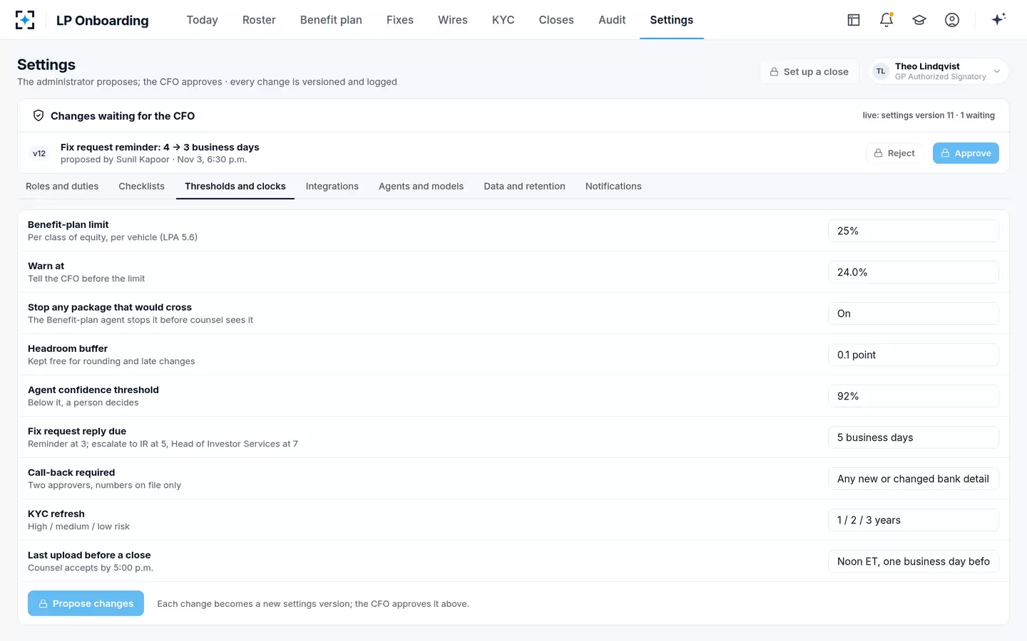 LP Onboarding — Thresholds and clocks