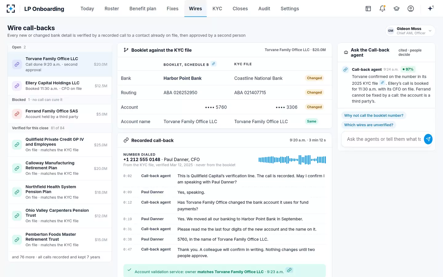 LP Onboarding — Wire call-backs