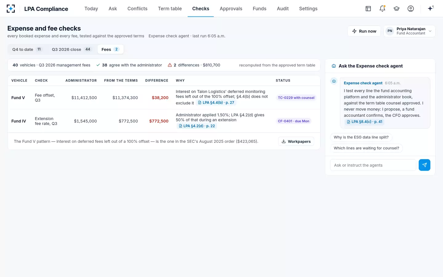 LPA Compliance — Management fee and offset checks