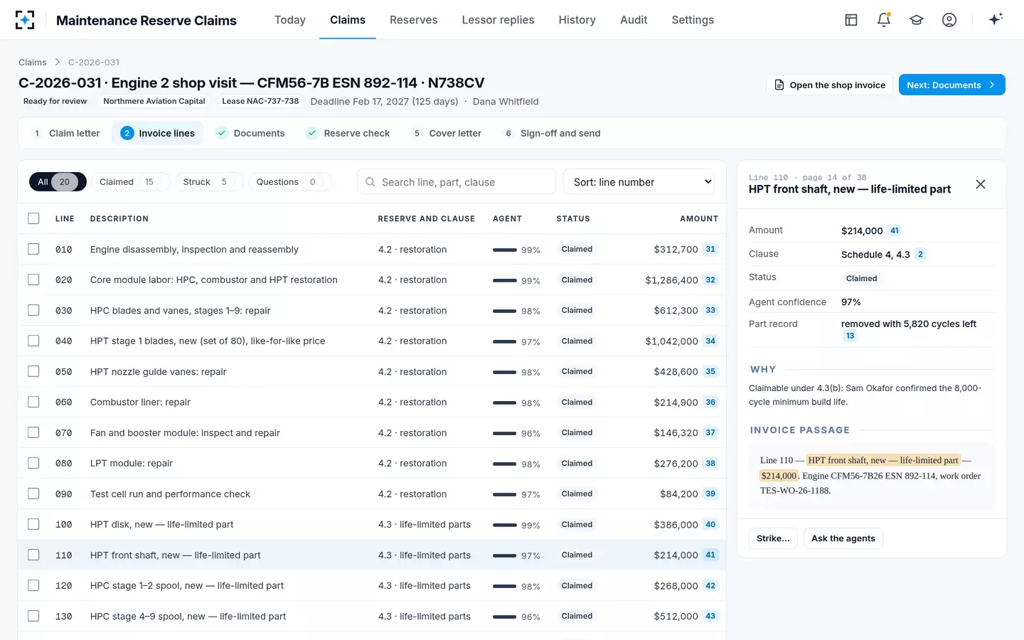 Maintenance Reserve Claims — Shop invoice lines