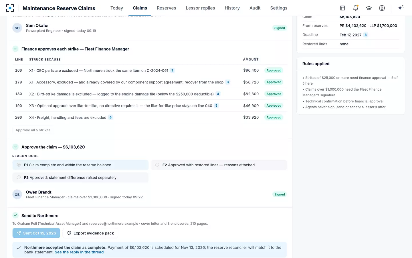 Maintenance Reserve Claims — Sign-off and send
