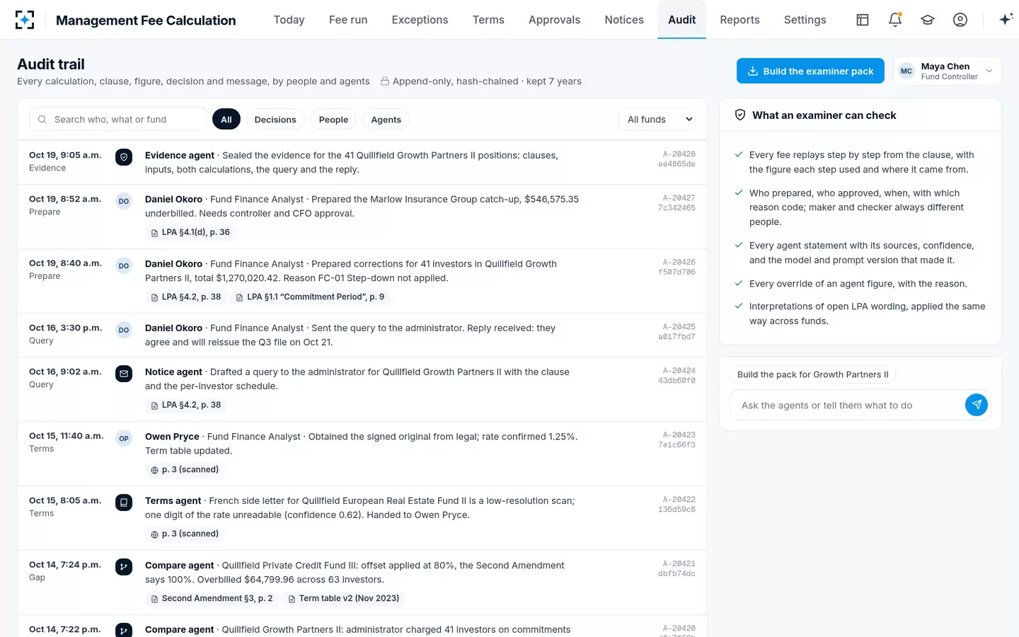 Management Fee Calculation — Fee audit trail