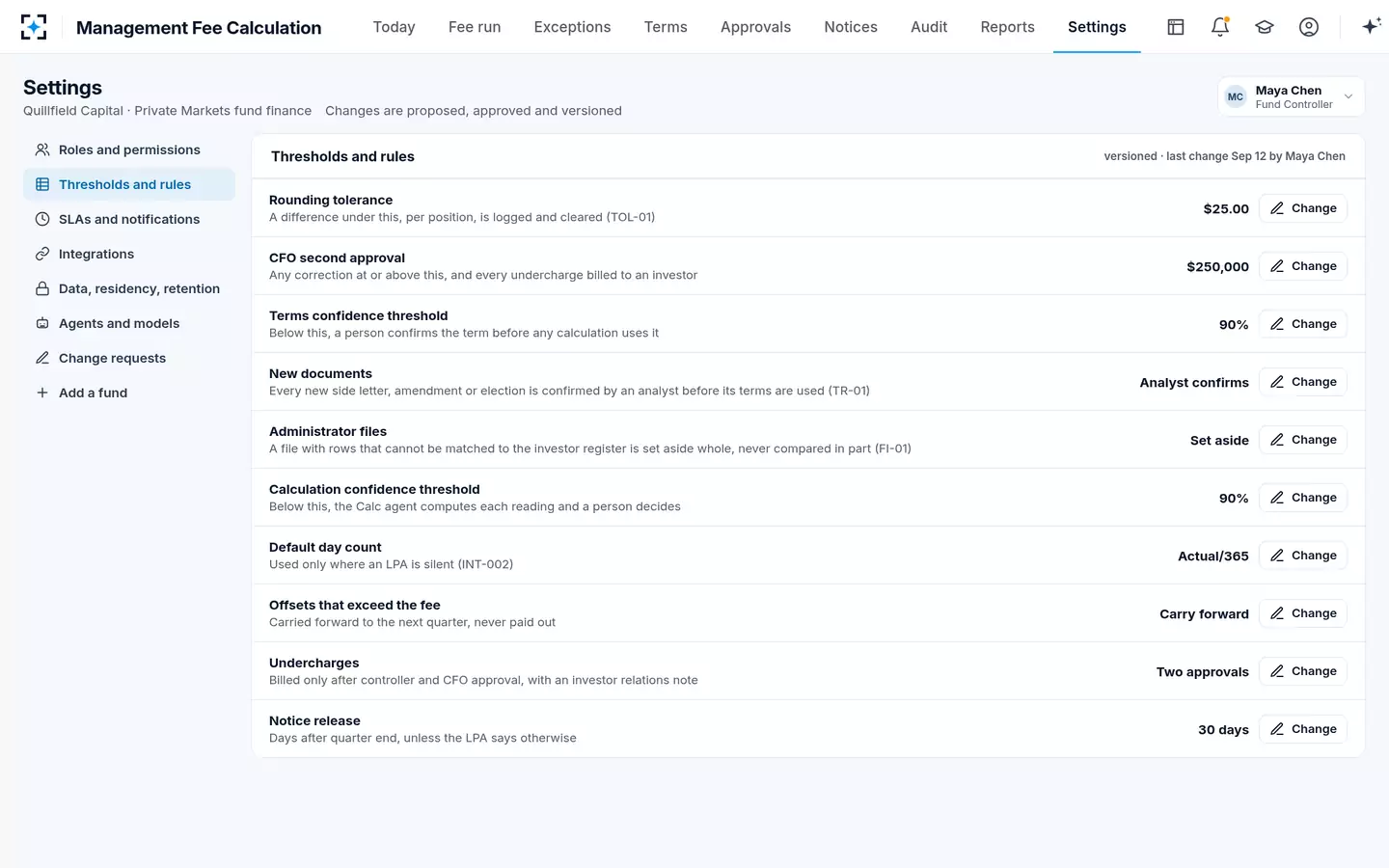 Management Fee Calculation — Fee calculation rules