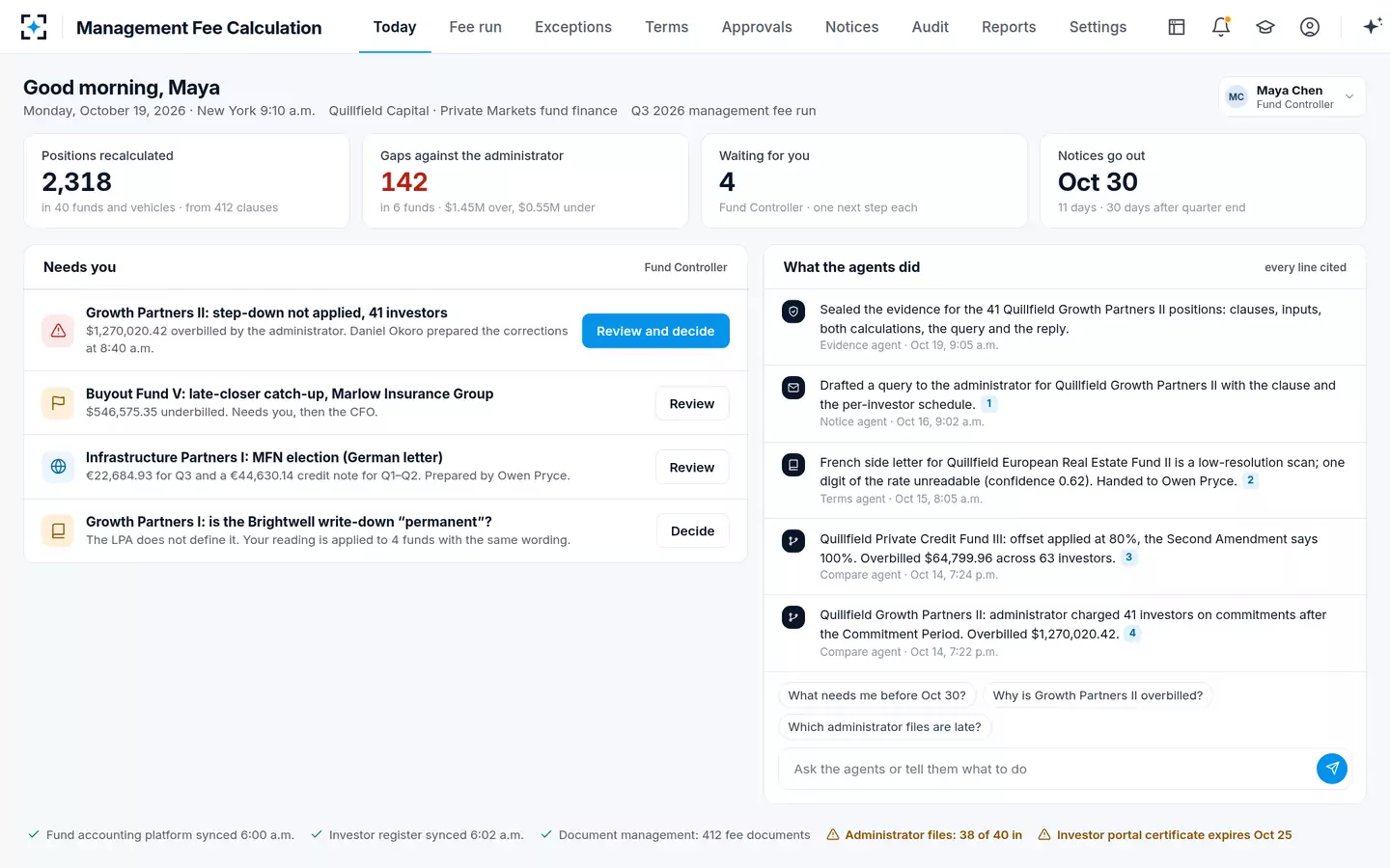 Management Fee Calculation — Today's management fee run