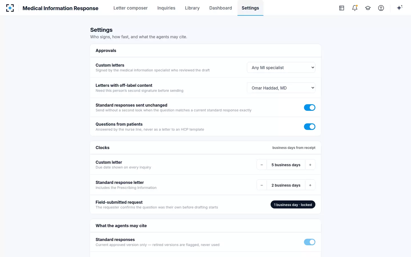 Medical Information Response — Settings