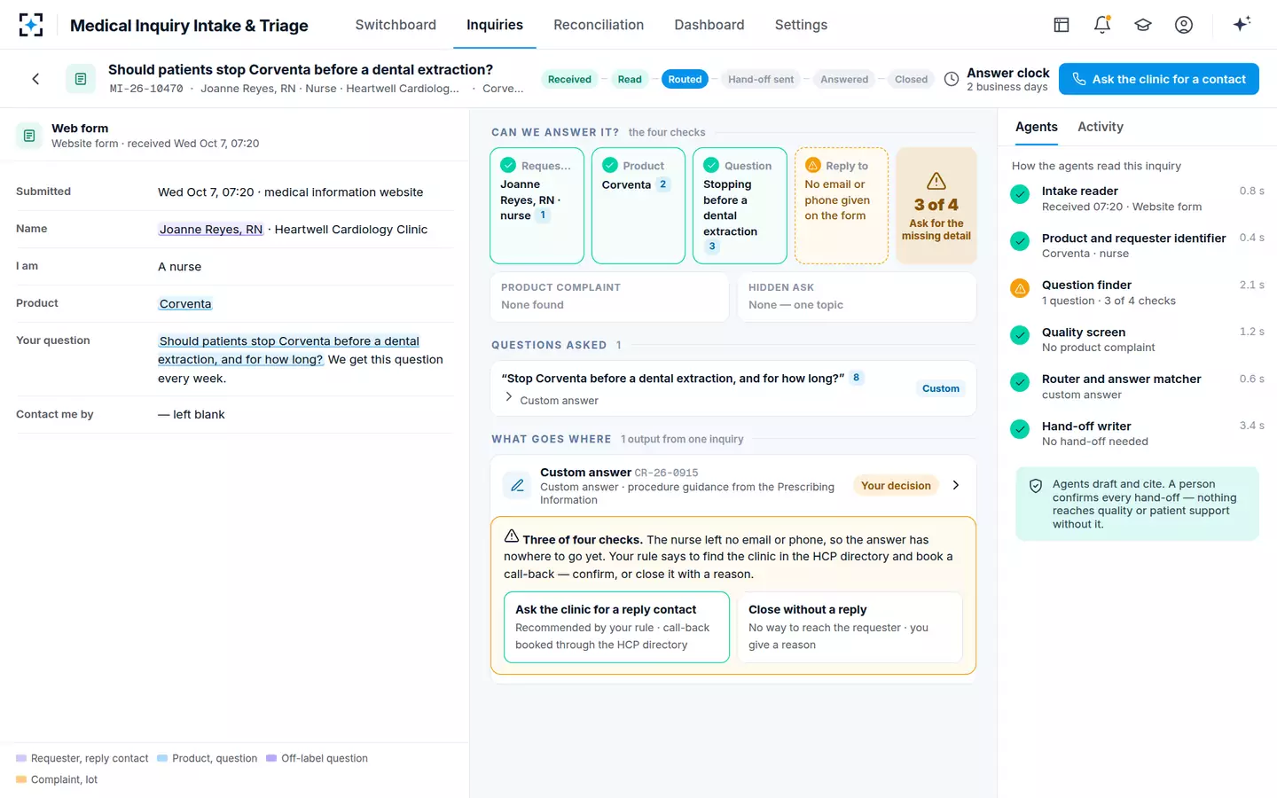 Medical Inquiry Intake & Triage — Three of four checks