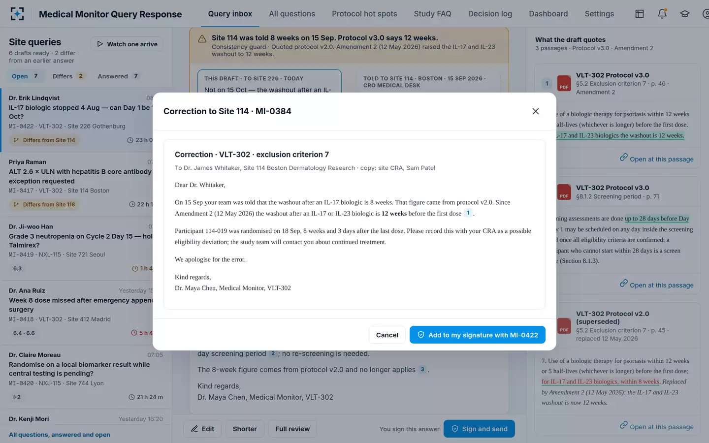 Medical Monitor Query Response — Correction to another site