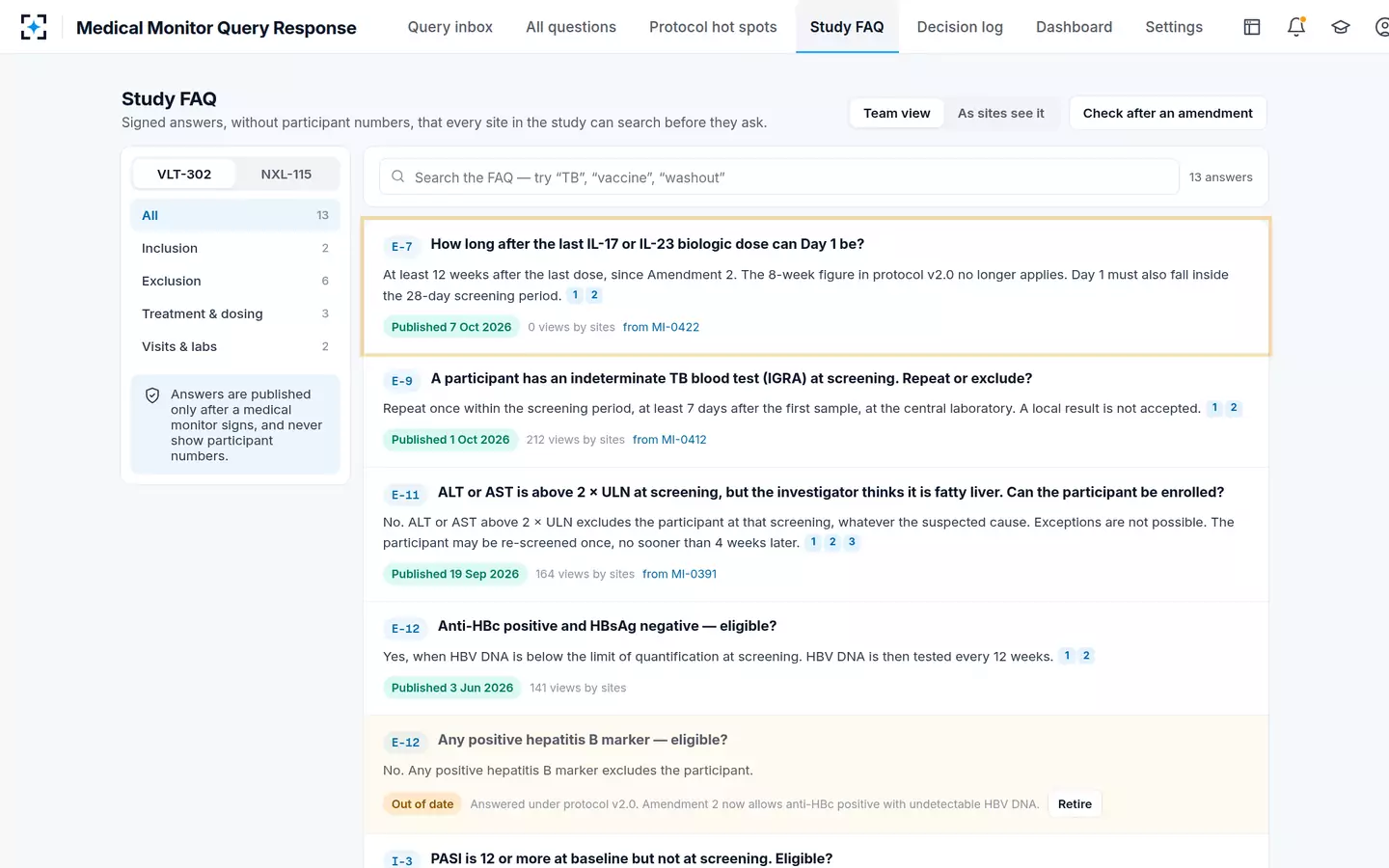 Medical Monitor Query Response — Study FAQ