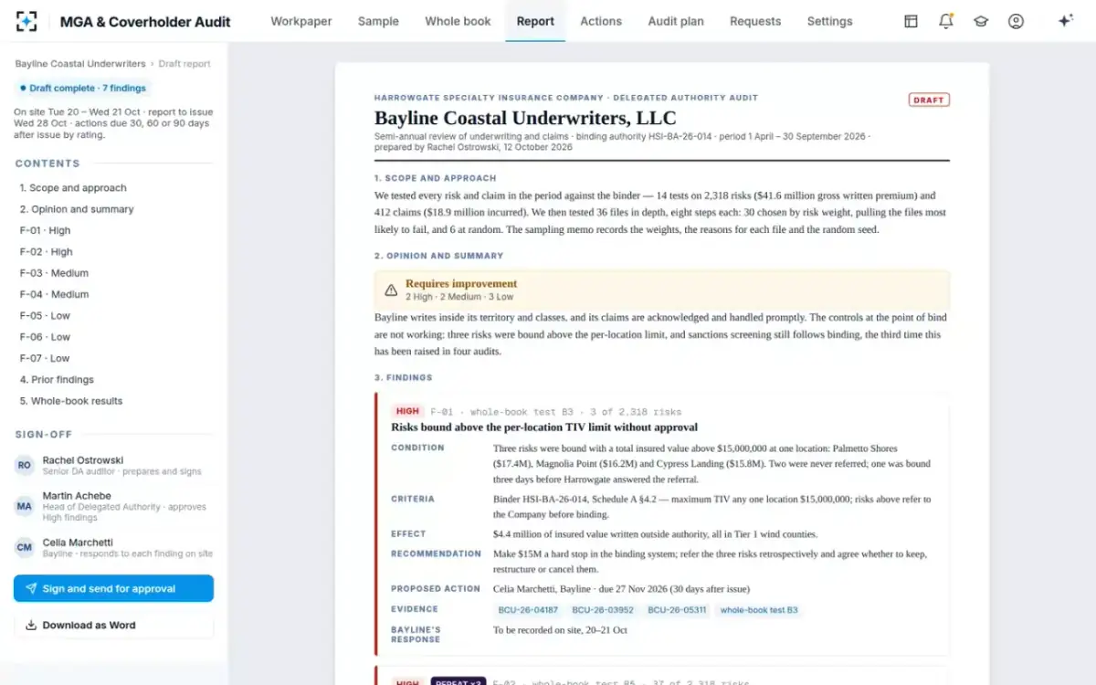 MGA & Coverholder Audit — The draft audit report