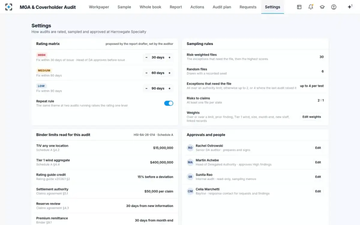 MGA & Coverholder Audit — Settings