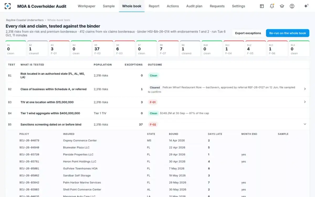 MGA & Coverholder Audit — Whole-book tests