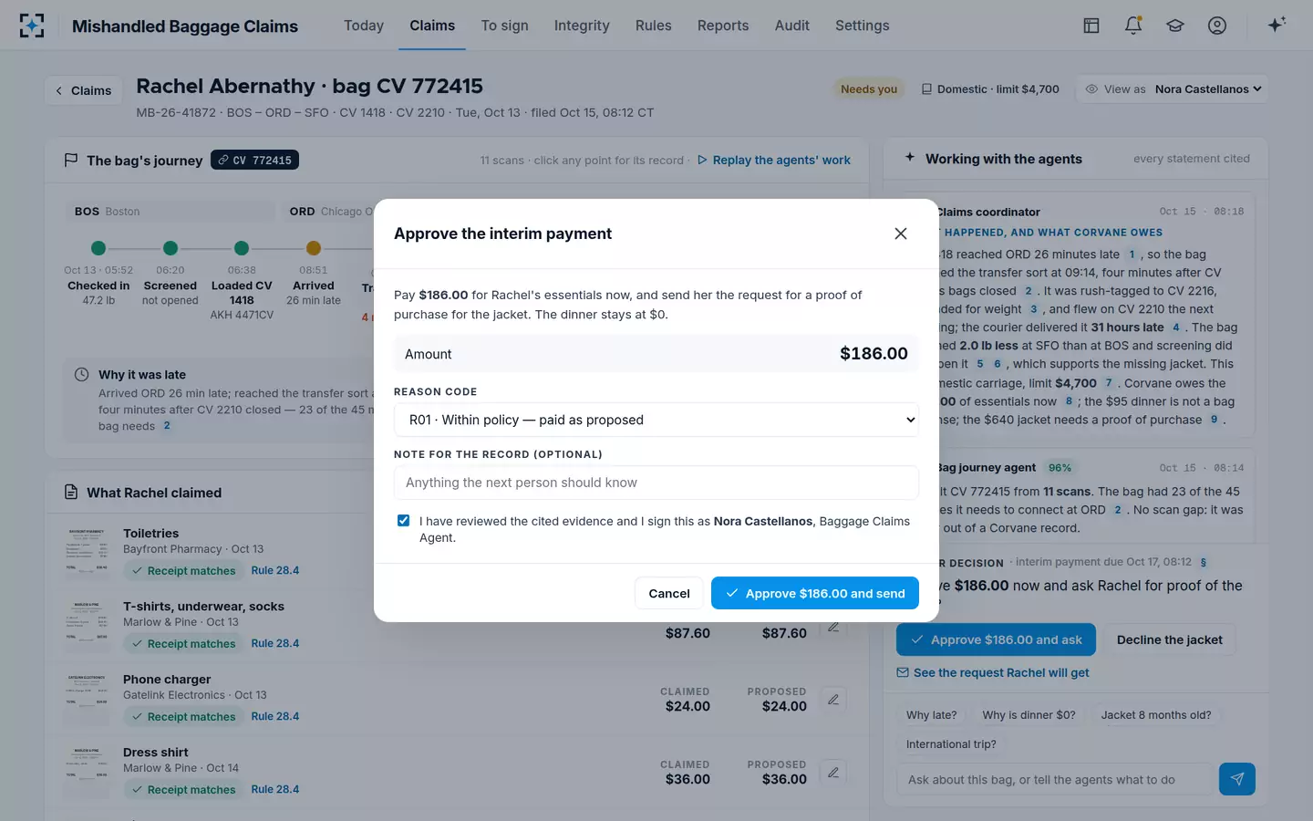 Mishandled Baggage Claims — Approve the interim payment