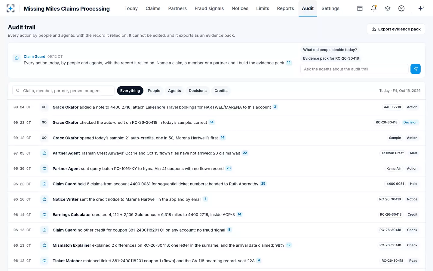Missing Miles Claims Processing — Audit trail